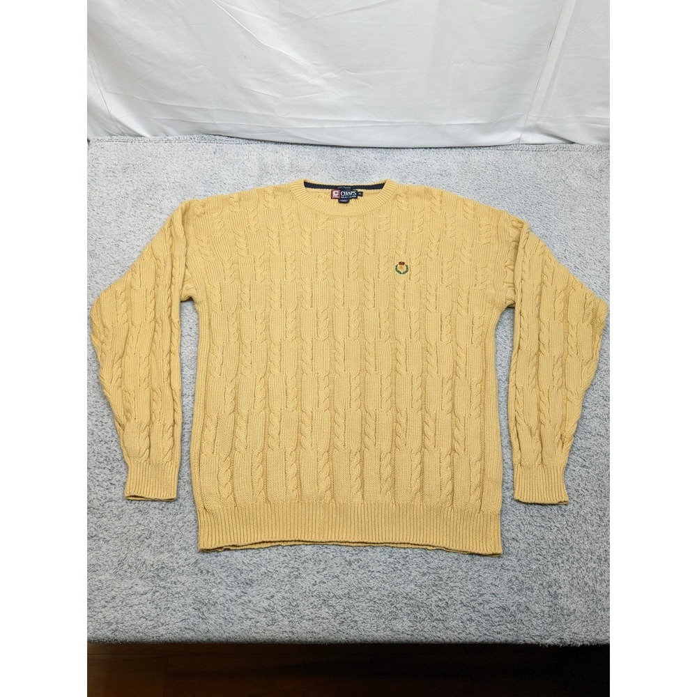 Vtg Chaps‎ Ralph Lauren Sweater Mens XL Yellow Cable Knit Handframe Preppy Y2K